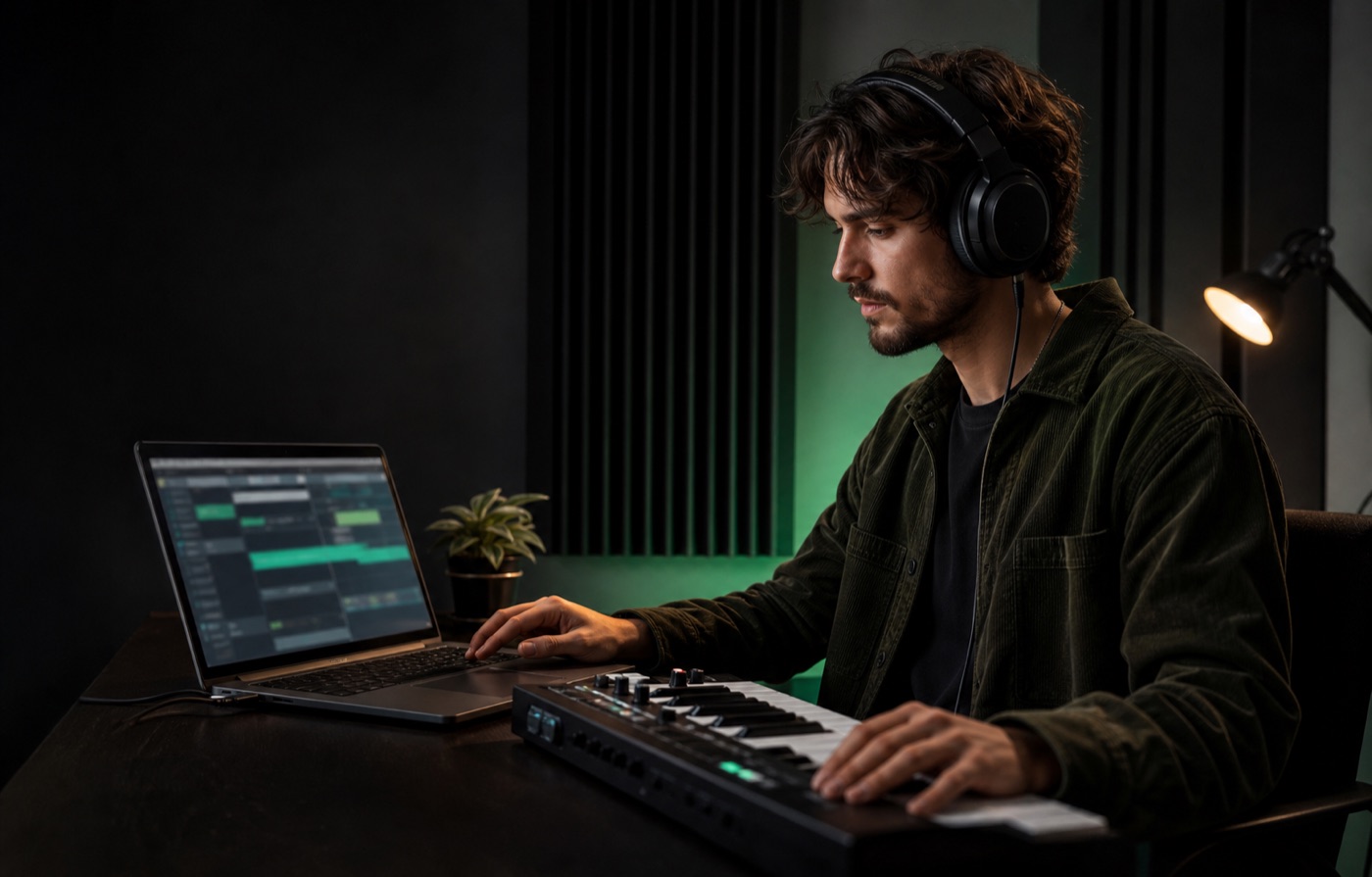Music creator generating a song with AI in a compact home studio