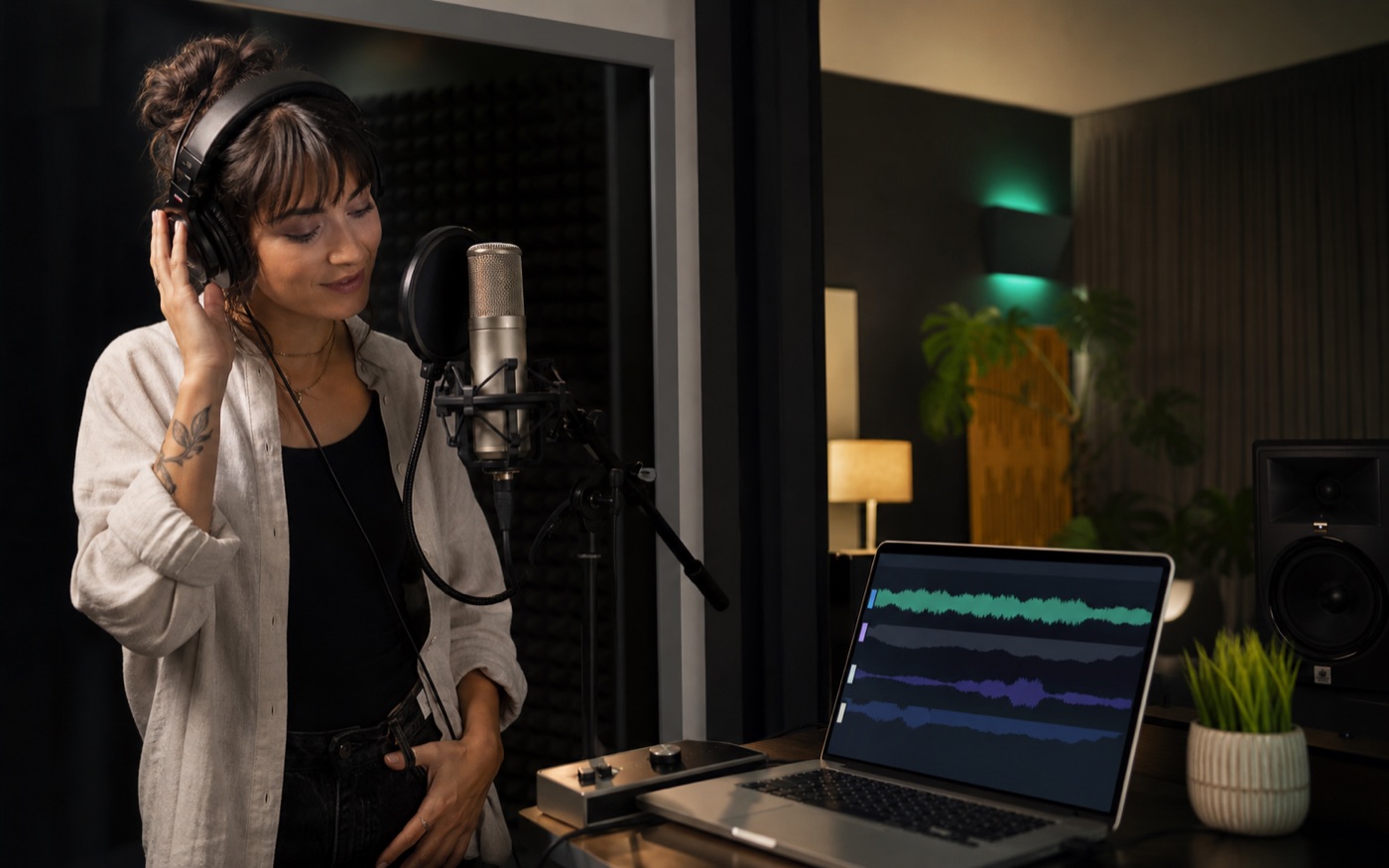Singer using an AI-assisted vocal workflow in a modern studio