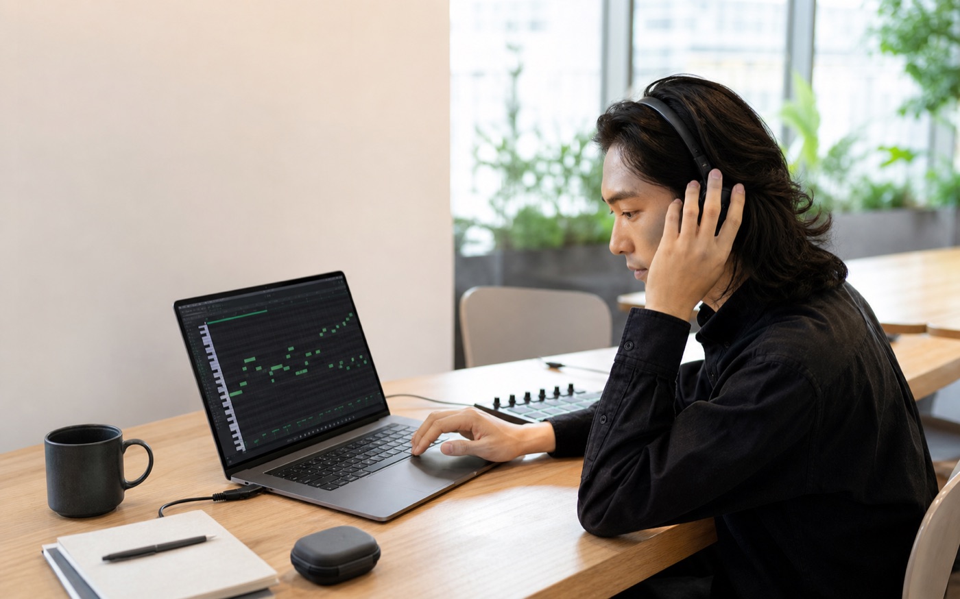 Independent producer editing MIDI on a laptop in a convenient workspace